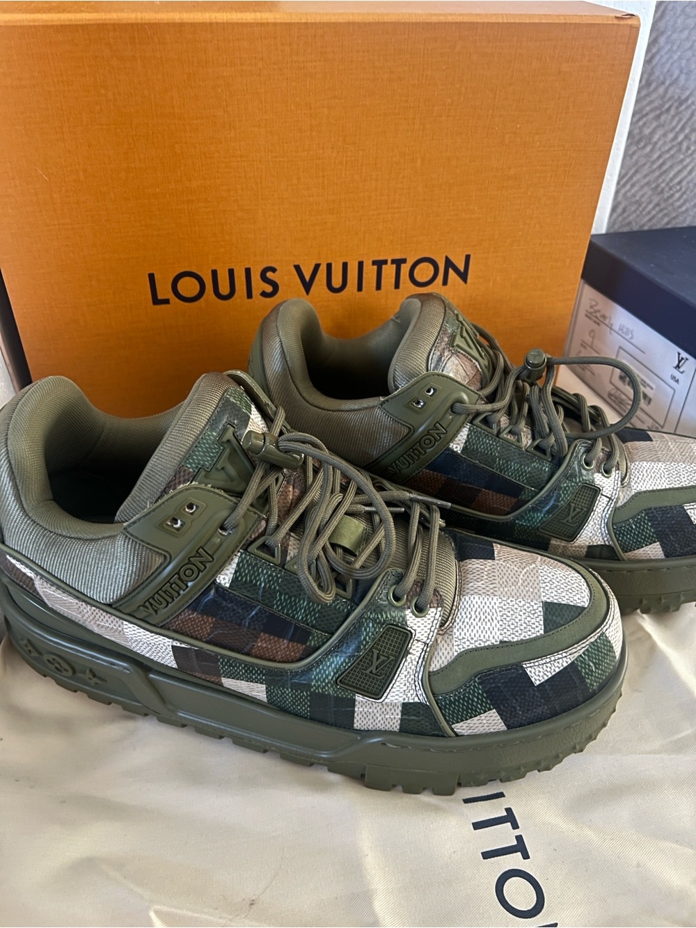 Louis Vuitton Men's Olive Green & Beige Camouflage Low-Top Sneakers - Picture 4 of 9